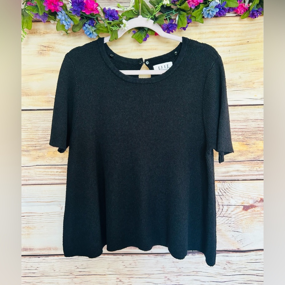 ELLE Women’s Black Ribbed Short Sleeve Round Neck Keyhole Back Sweater Top XL